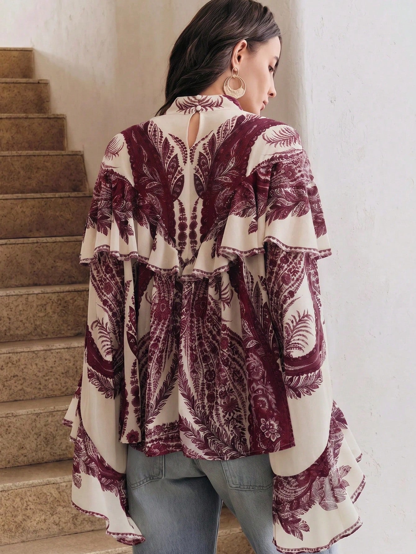 CM-TS762702 Women Trendy Bohemian Style Mock Necl Long Sleeve Plants Print Loose Blouse - Purple
