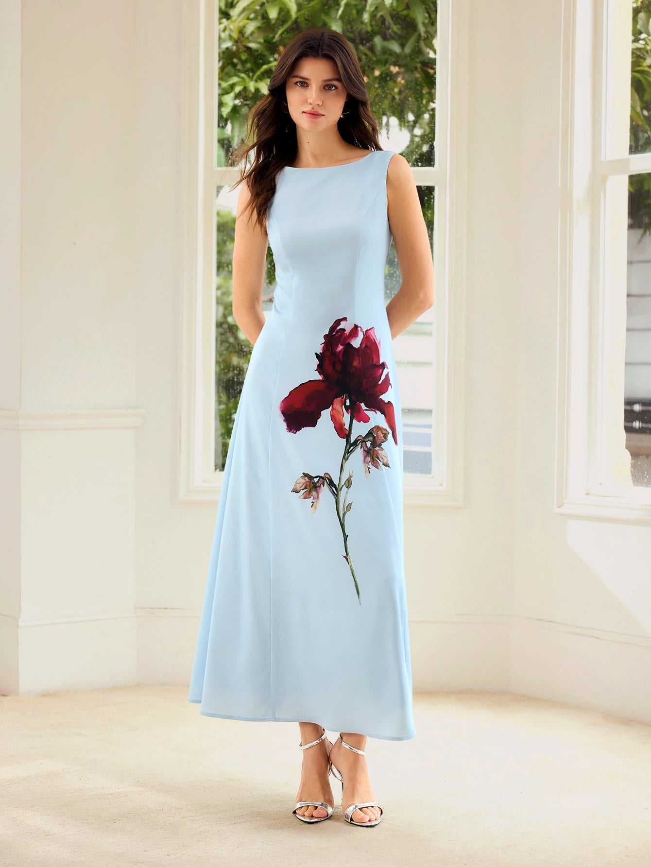 CM-DS205119 Women Elegant Seoul Style Boat Neck Sleeveless Floral Print Slim Waist Flared A-Line Dress