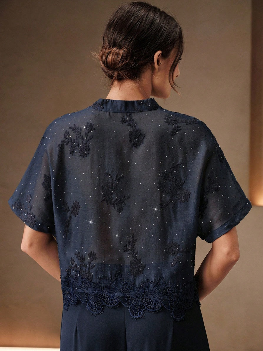 CM-TS225231 Women Elegant Seoul Style V-Neck Short Sleeve Mesh Rhinestone Lace Patchwork Blouse - Navy Blue