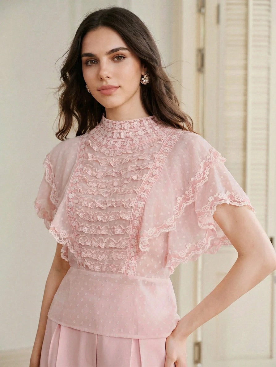 CM-TS161544 Women Elegant Seoul Style Cut-Out Chiffon Contrast Lace Trim Ruffle Short Sleeve Blouse - Pink