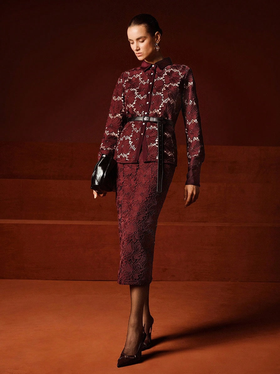 CM-SS832993 Women Elegant Seoul Style Stand Collar Long Sleeve A-Line Lace Patchwork Blouse With Skirt - Set