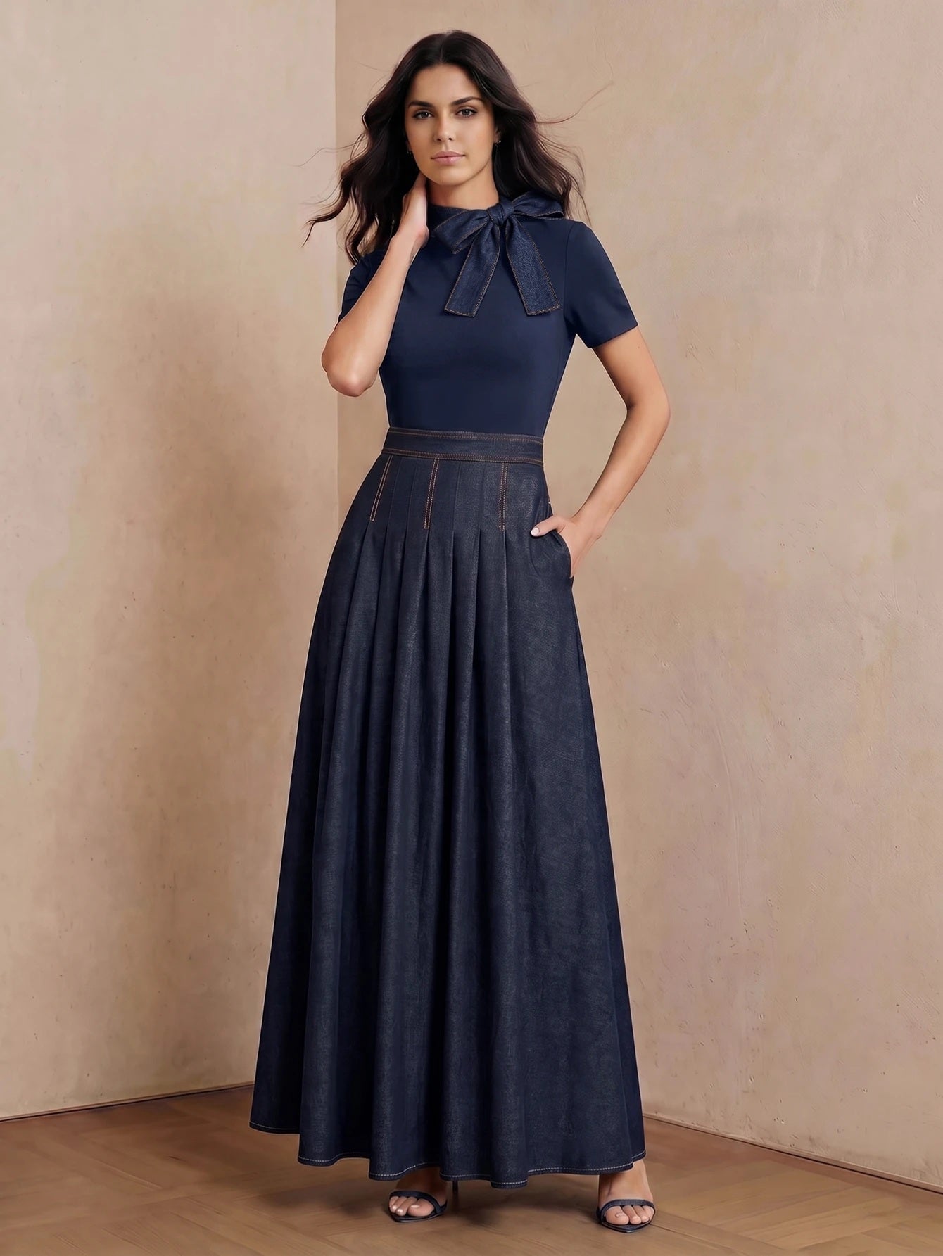CM-DS813632 Women Elegant Seoul Style Tie Neck Short Sleeve Splice Collar Bow Decor Denim Dress - Navy Blue