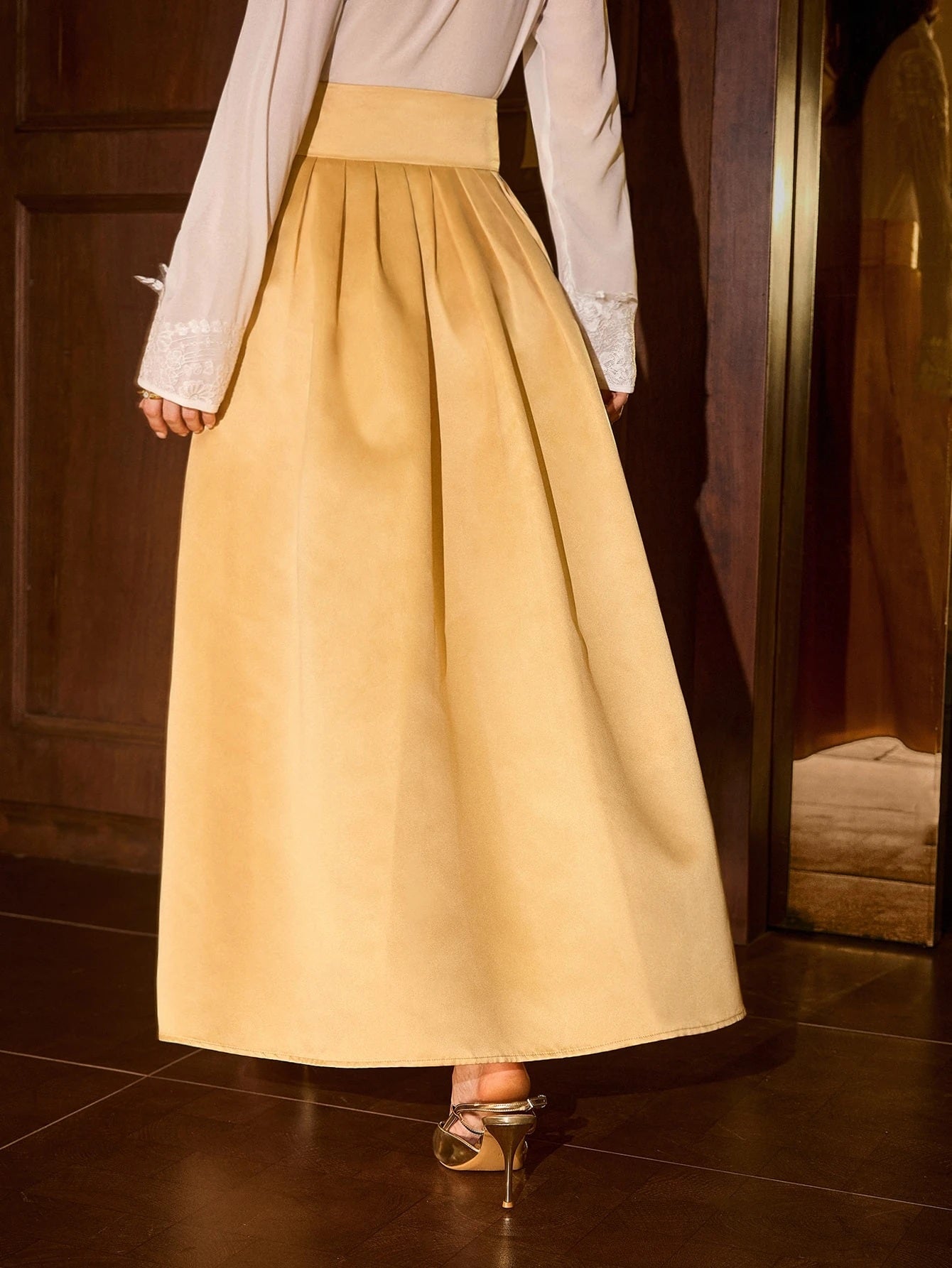 CM-BS835243 Women Elegant Seoul Style High Waist Solid Fold Pleated Zipper Side Long Skirt - Khaki
