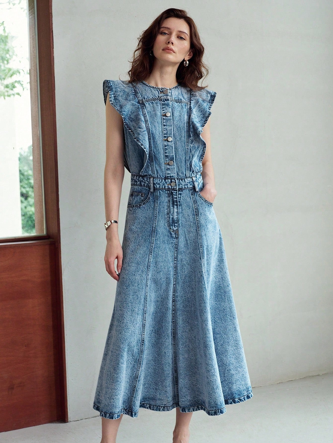 CM-DS145343 Women Elegant Seoul Style Round Neck Sleeveless Ruffle Trim Mid-Length Denim Dress - Blue
