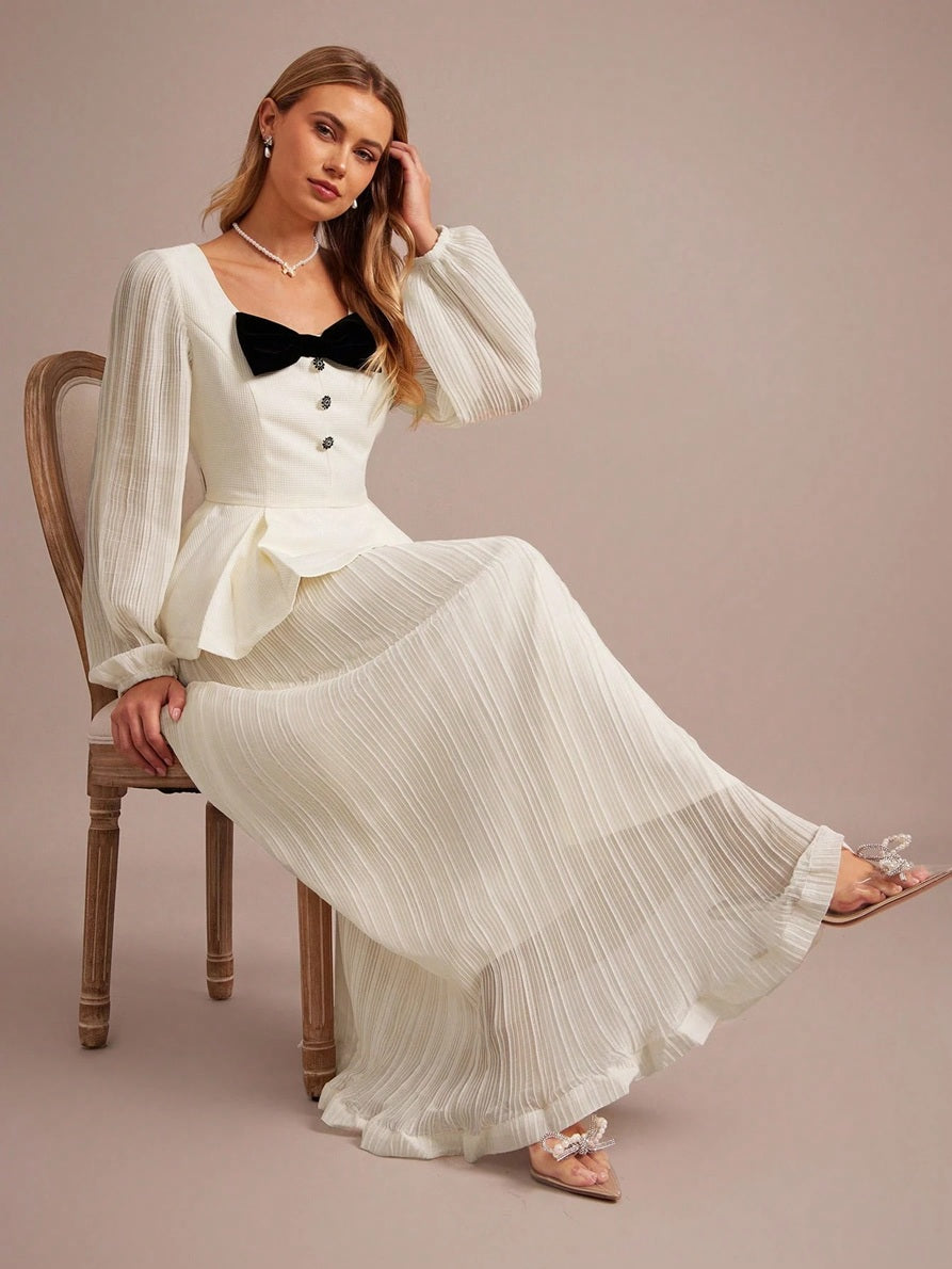 CM-SS032569 Women Elegant Seoul Style Square Neck Bow Decor Lantern Sleeve Ruffle Hem Top With Long Pleated Skirt - Set