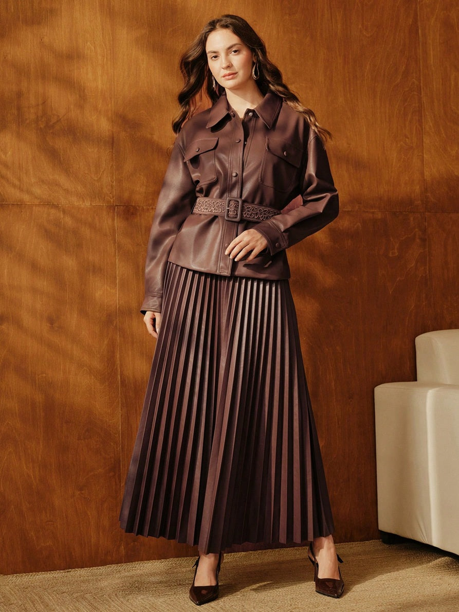 CM-BS595392 Women Elegant Seoul Style High Waist Pleated Belted Mid-Length A-Line Skirt - Coffee Brown