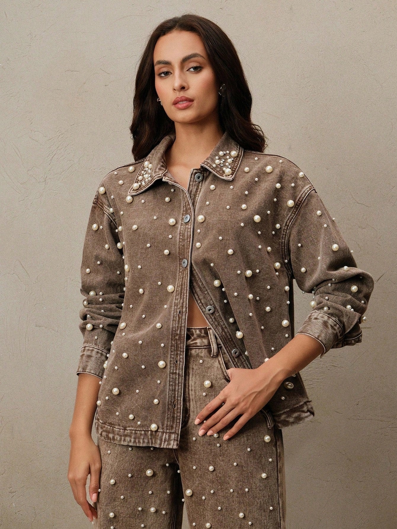 CM-CS541198 Women Elegant Seoul Style Collar Neckline Long Sleeve Rhinestone Embellished Long Denim Jacket - Brown