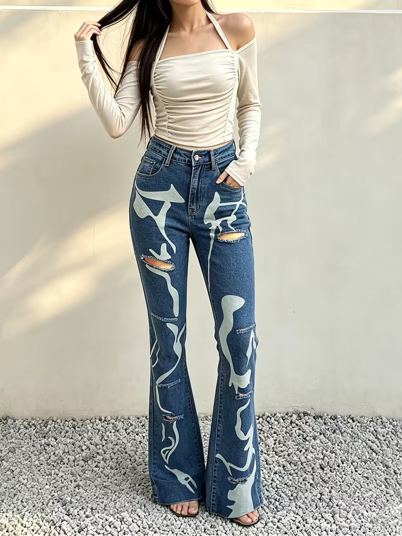 CM-BT791991 Women Casual Seoul Style Mid Waist Graffiti Print Distressed Flare Leg Jeans - Blue
