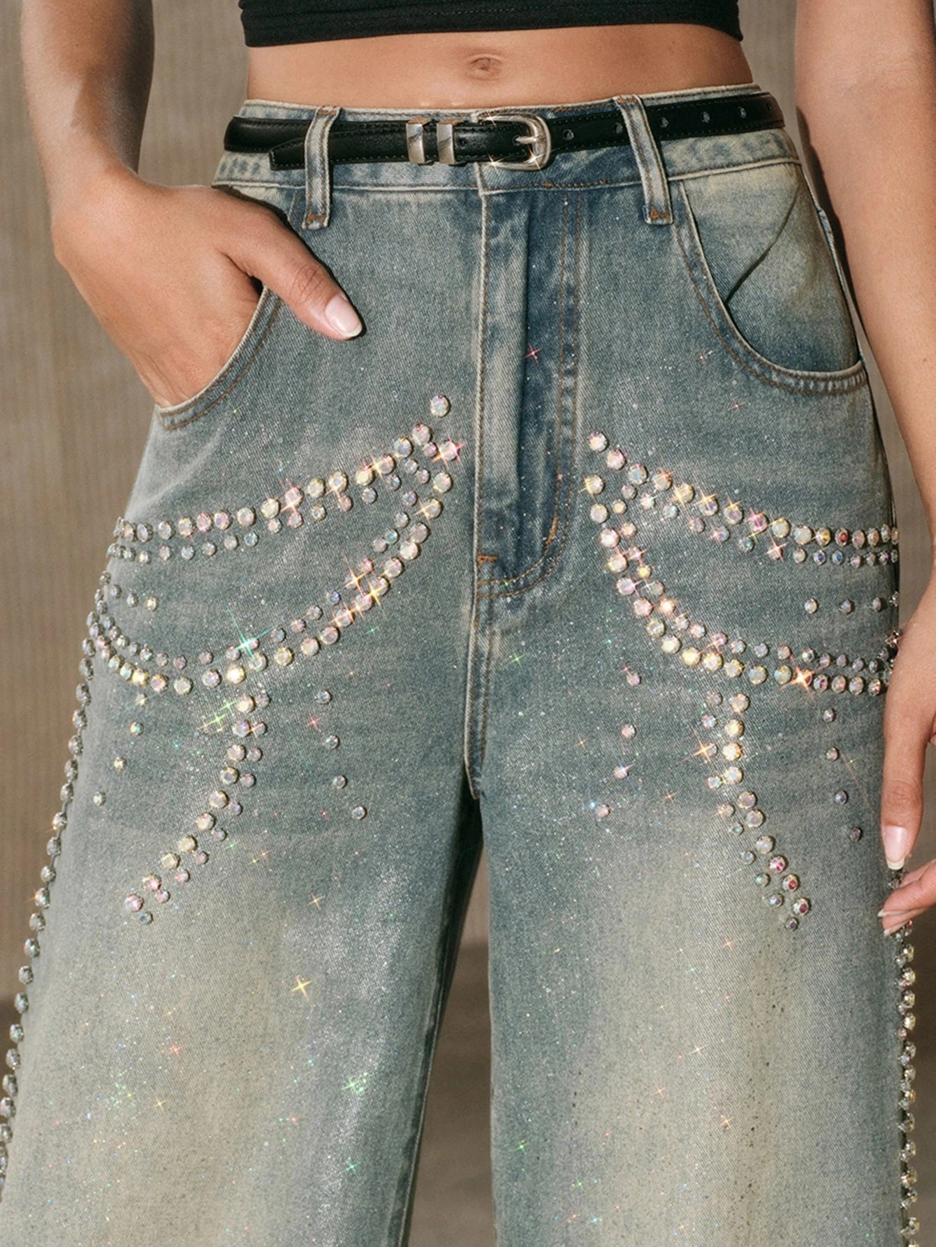 CM-BS803378 Women Casual Seoul Style Mid Waist Iridescent Rhinestone Straight Leg Jeans - Blue