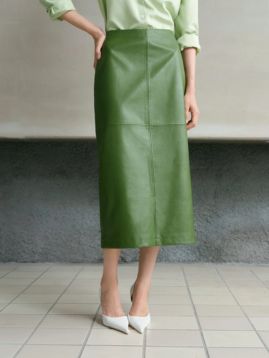CM-BS339043 Women Elegant Seoul Style Mid Waist PU Leather Elastic Waist Split Hem Skirt - Green