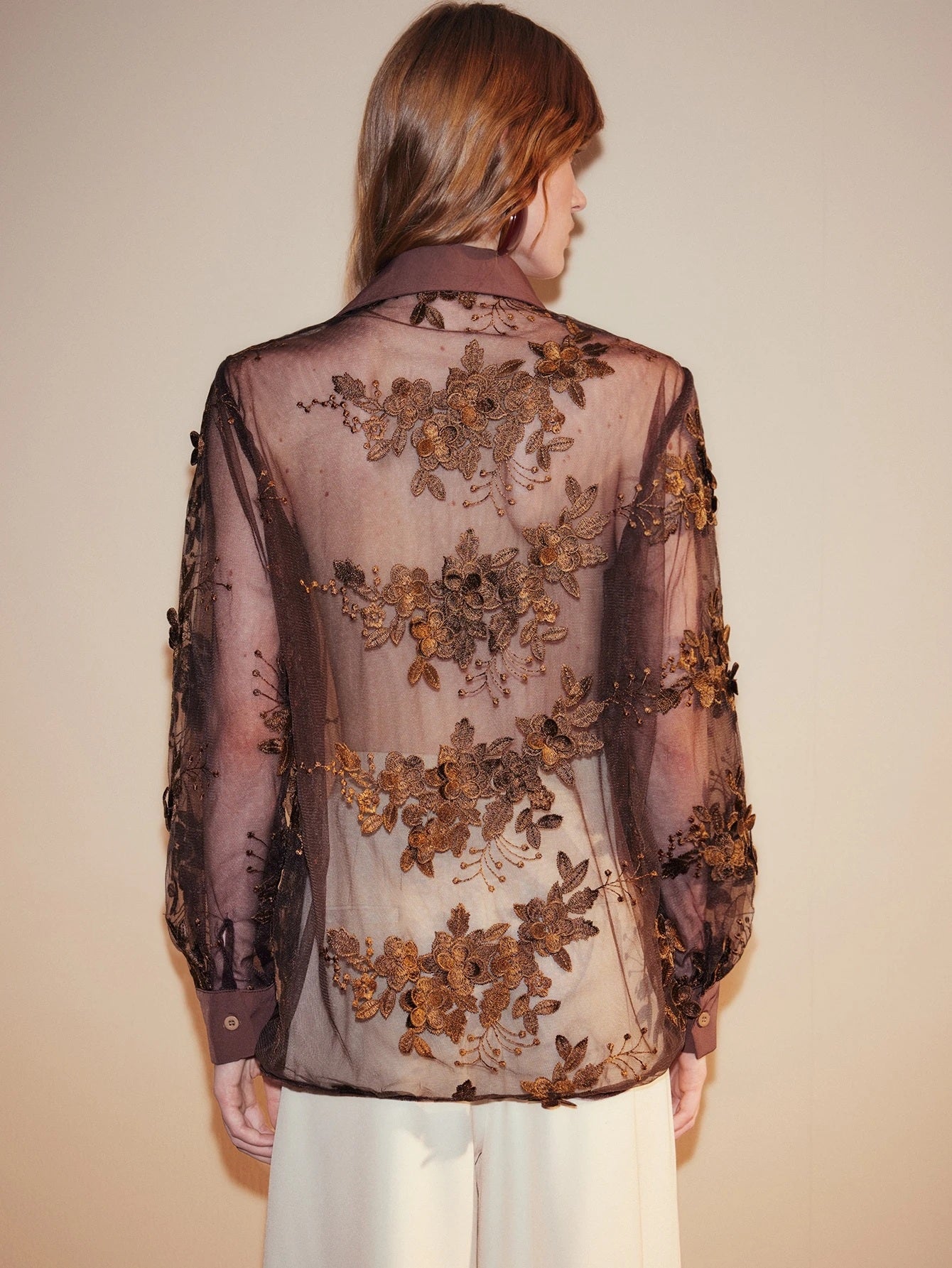 CM-TS347984 Women Elegant Seoul Style Collar Neckline Long Sleeve Lace Mesh Lapel Button Down Sheer Embroidery Blouse