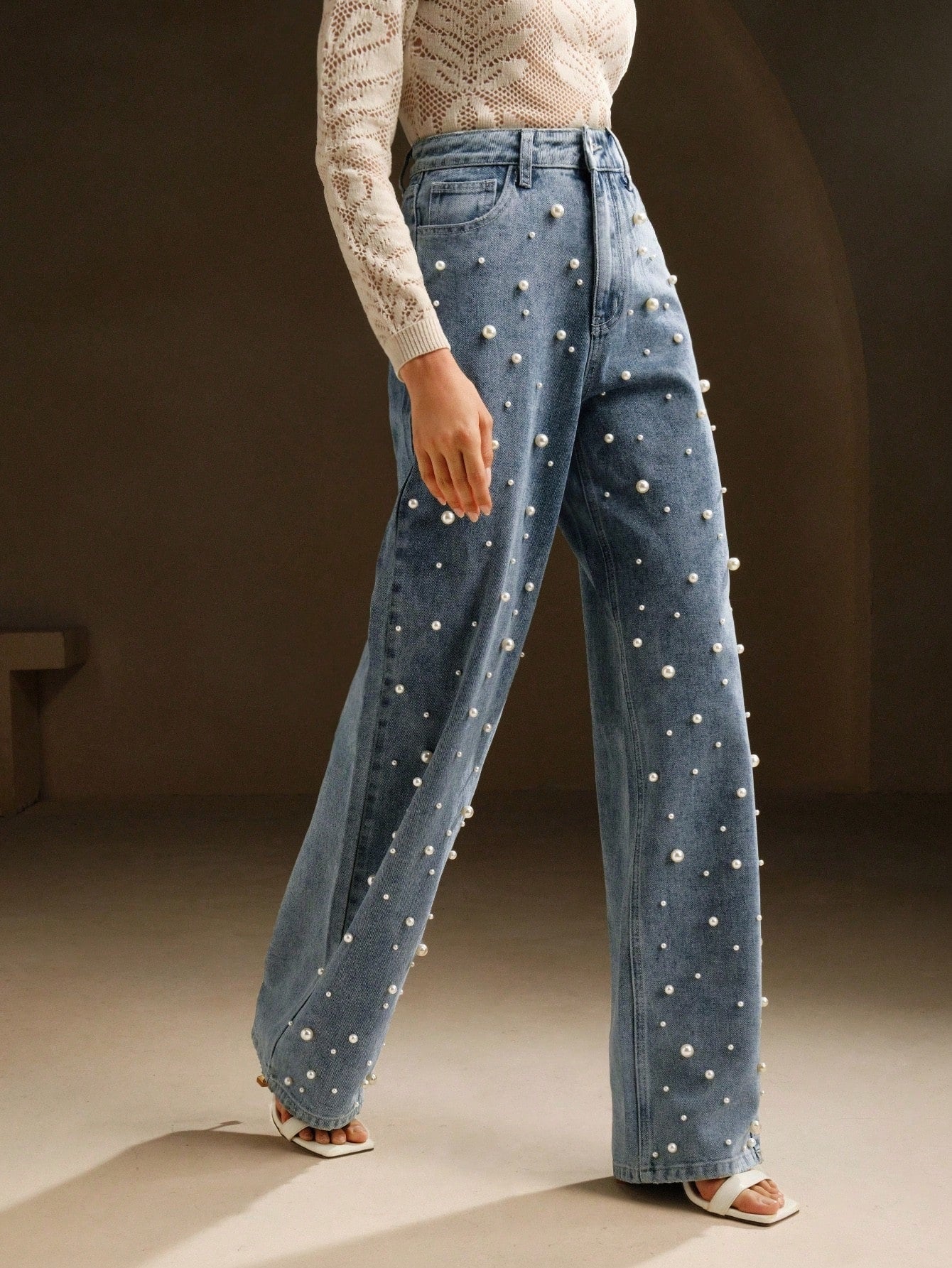 CM-BS767711 Women Elegant Seoul Style High Waist Beaded Loose Wide Leg Shiny Denim Pants - Blue