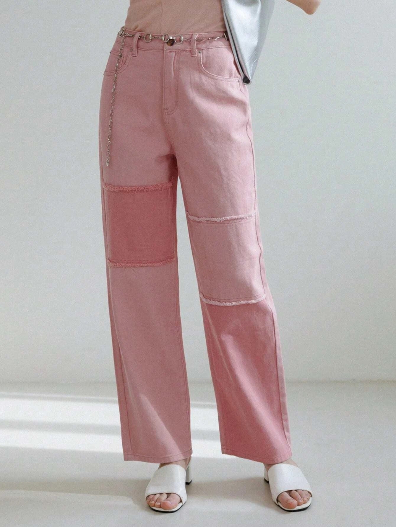 CM-BS707437 Women Preppy Seoul Style Solid Raw Trim Straight Leg Jeans - Pink