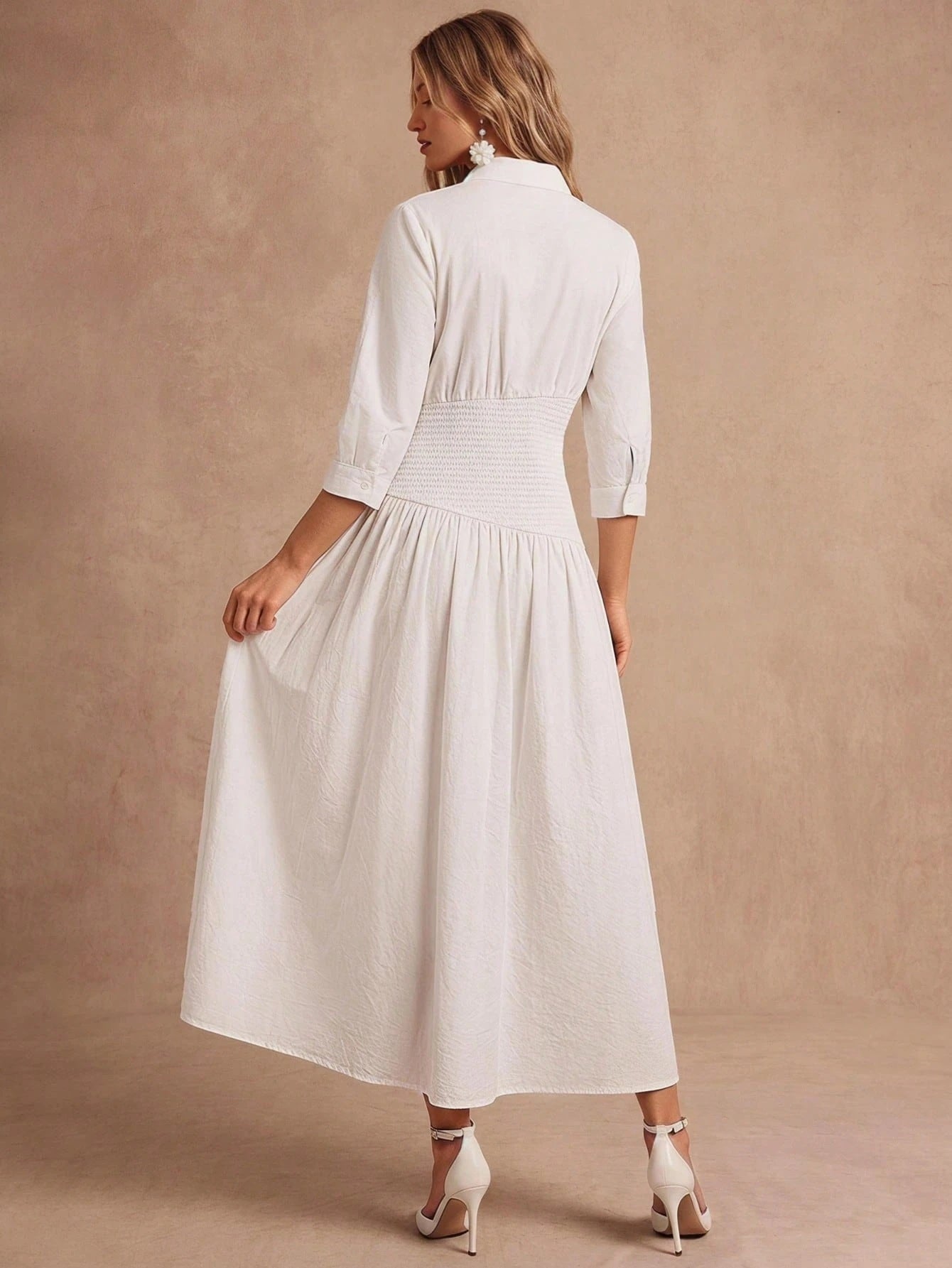 CM-DS246517 Women Elegant Seoul Style Solid Color Collar Neckline 3/4 Sleeve Pleated Waist-Cinching Dress
