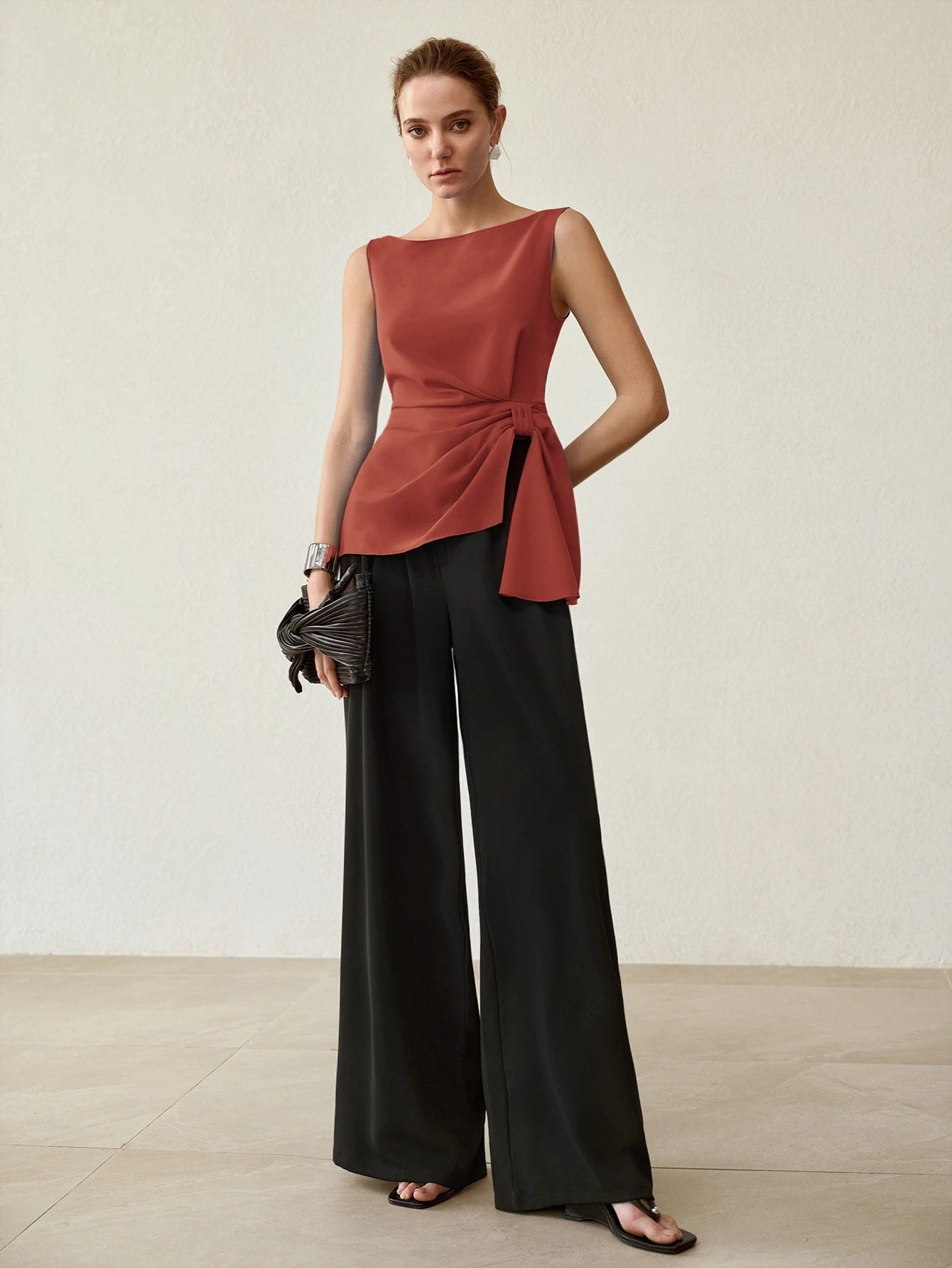 CM-TS246712 Women Elegant Seoul Style Side Knot Boat Neck Sleeveless Blouse - Burnt Orange