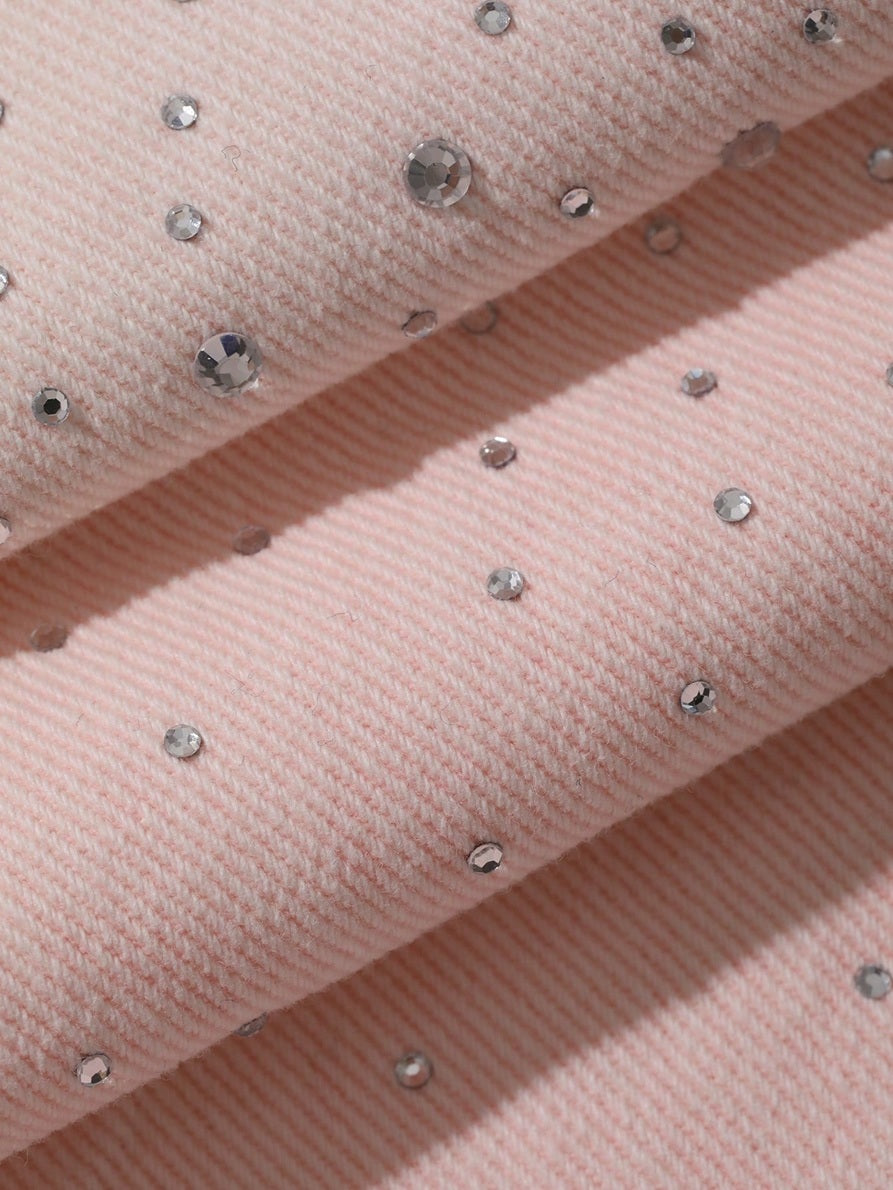 CM-BS344032 Women Casual Seoul Style Rhinestone Curved Leg Loose Long Denim Pants - Pink