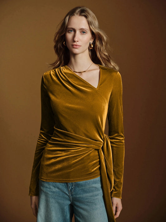CM-TS240239 Women Casual Seoul Style Asymmetrical V-Neck Long Sleeve Twisted Tie Velvet Blouse - Yellow