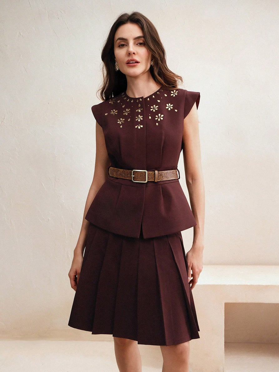 CM-SS912249 Women Elegant Seoul Style Round Neck Cap Sleeve Waist Belt Pleated Embellished Top With Midi Skirt - Set