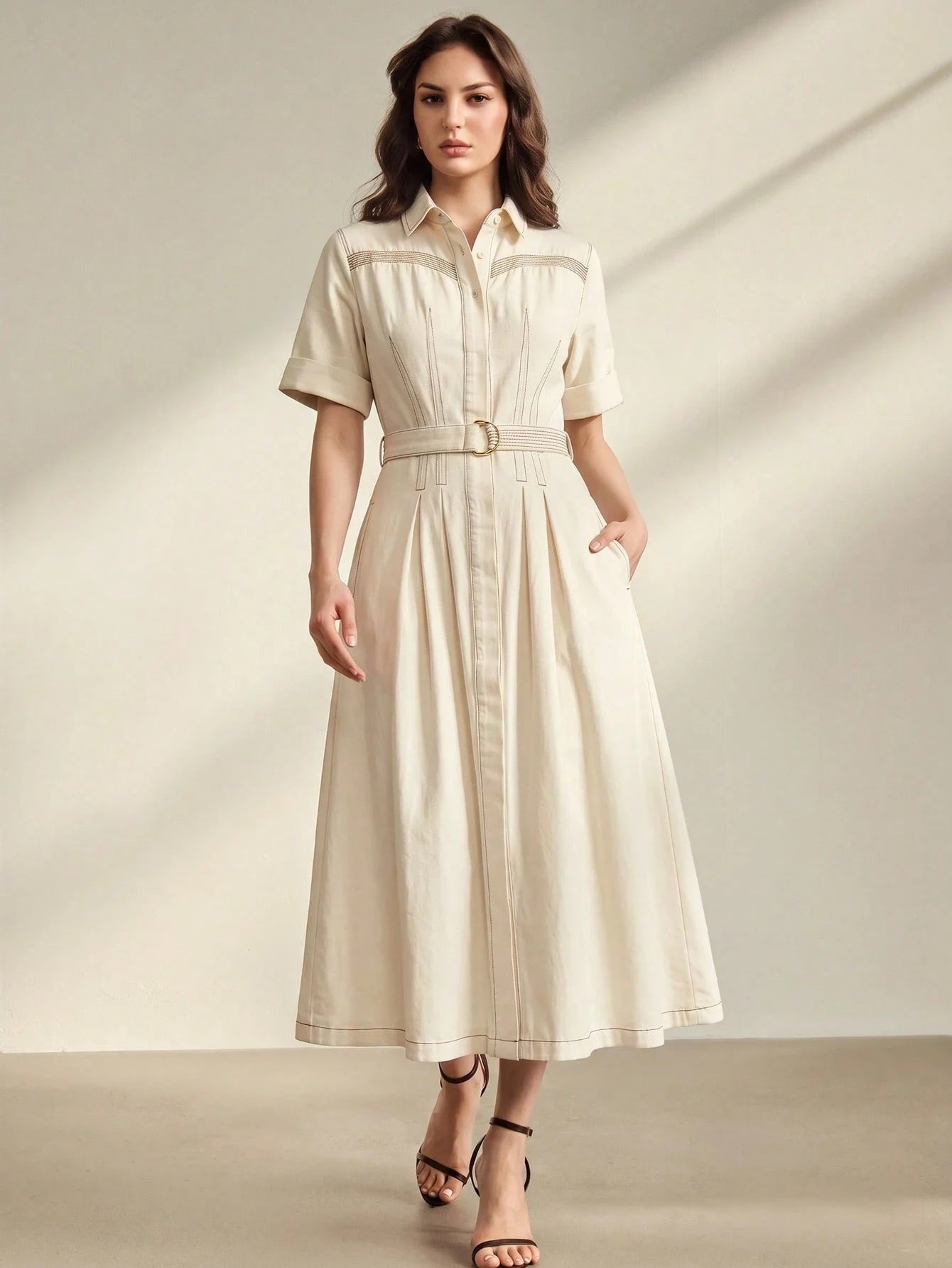 CM-DS359479 Women Elegant Seoul Style Collar Neckline Roll Up Sleeve High Waist Fitted Denim Dress - White