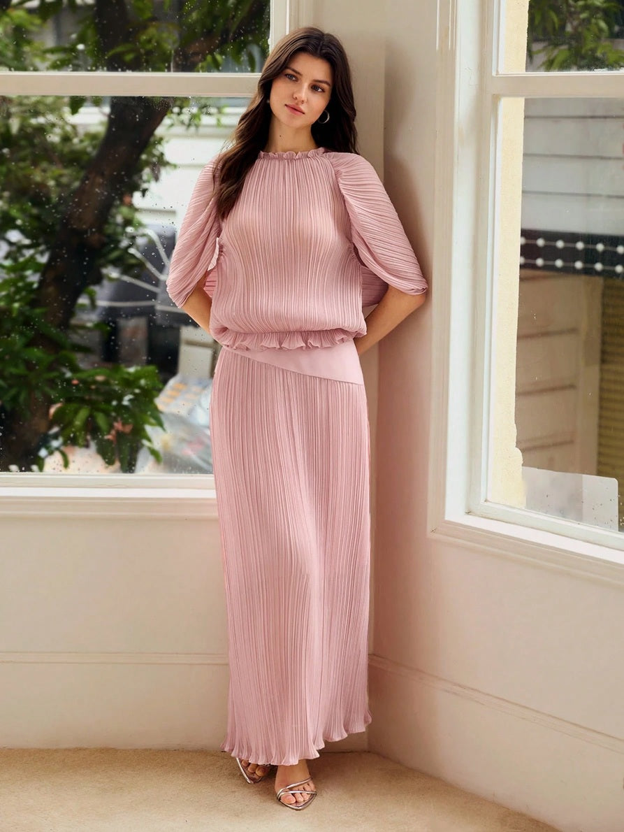 CM-SS017741 Women Elegant Seoul Style Stand Collar Puff Sleeve Pleated Top With Long Skirt - Set