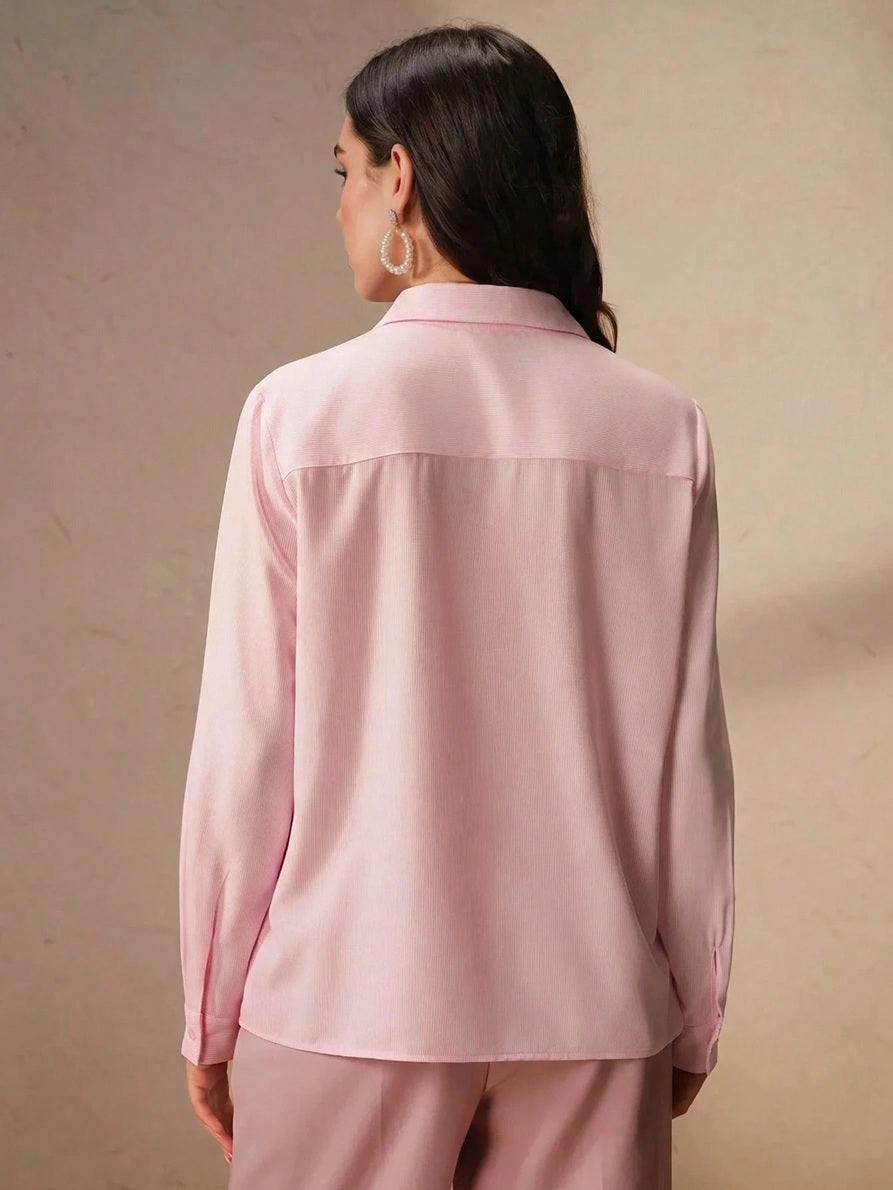 CM-TS844631 Women Elegant Seoul Style Shirt Collar Long Sleeve Hollow Out Asymmetrical Floral Print Top - Pink