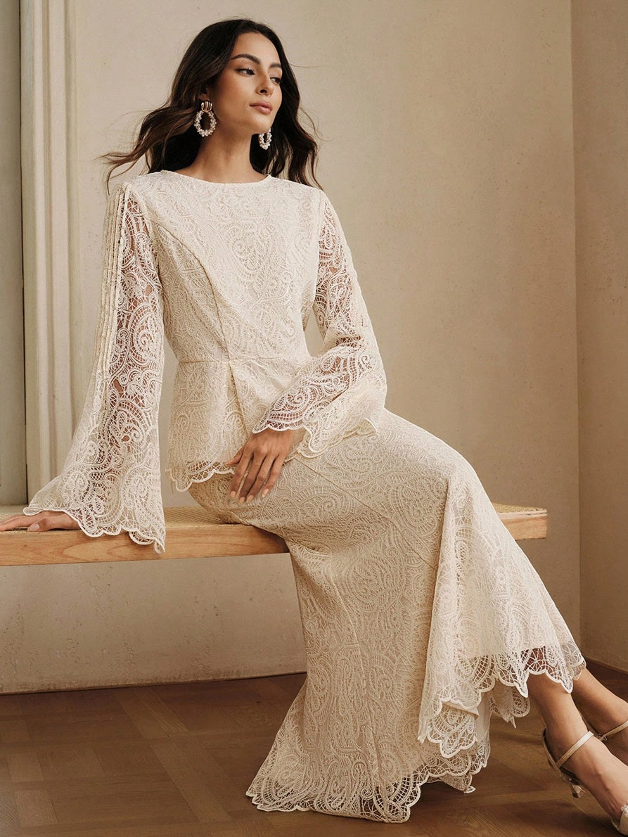 CM-TS165809 Women Elegant Seoul Style Round Neck Lace Bell Extra Long Sleeve Top - Apricot