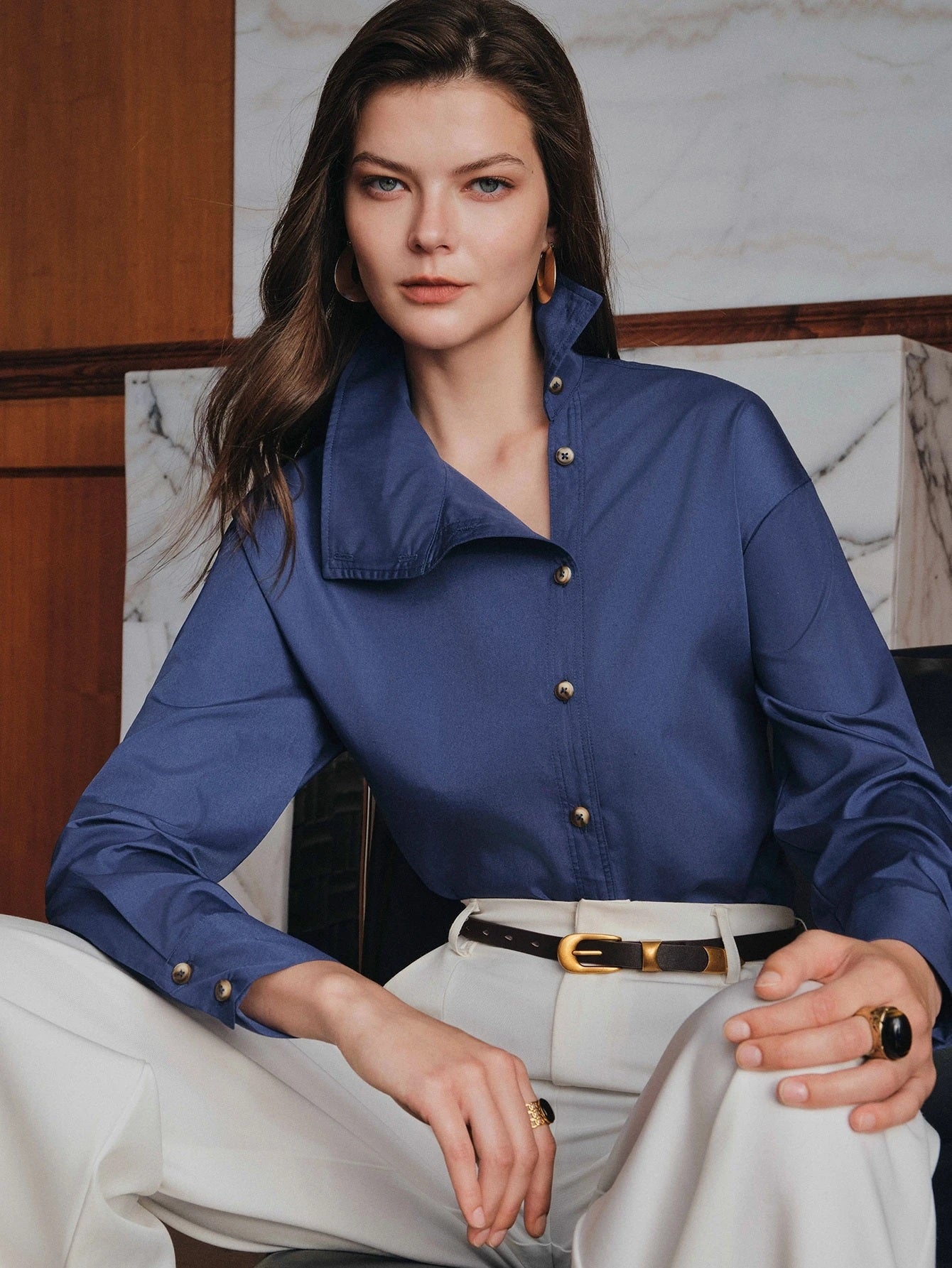 CM-TS778923 Women Elegant Seoul Style Collar Neckline Asymmetric Button Lapel Long Sleeve Blouse - Blue