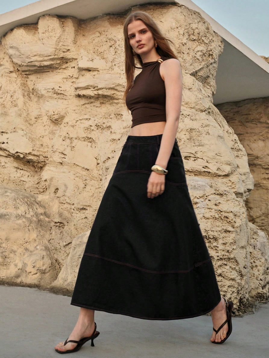 CM-BS379435 Women Casual Seoul Style Mid Waist Slant Pocket A-Line Long Denim Skirt - Black