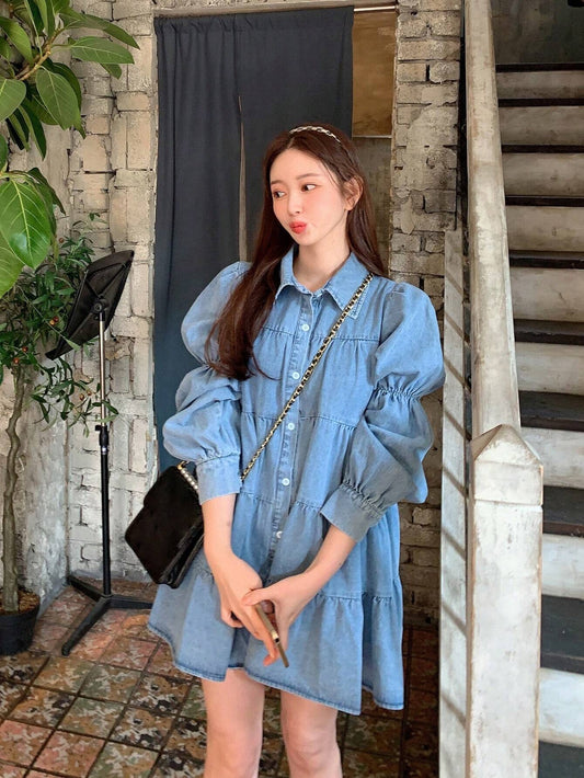 CM-DS025753 Women Preppy Seoul Style Solid Button Front Layered Hem Smock Denim Dress