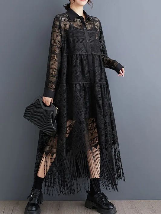CM-DT294481 Women Casual Seoul Style Lapel Neckline See-Through Hollow Tassel Long Dress - Black