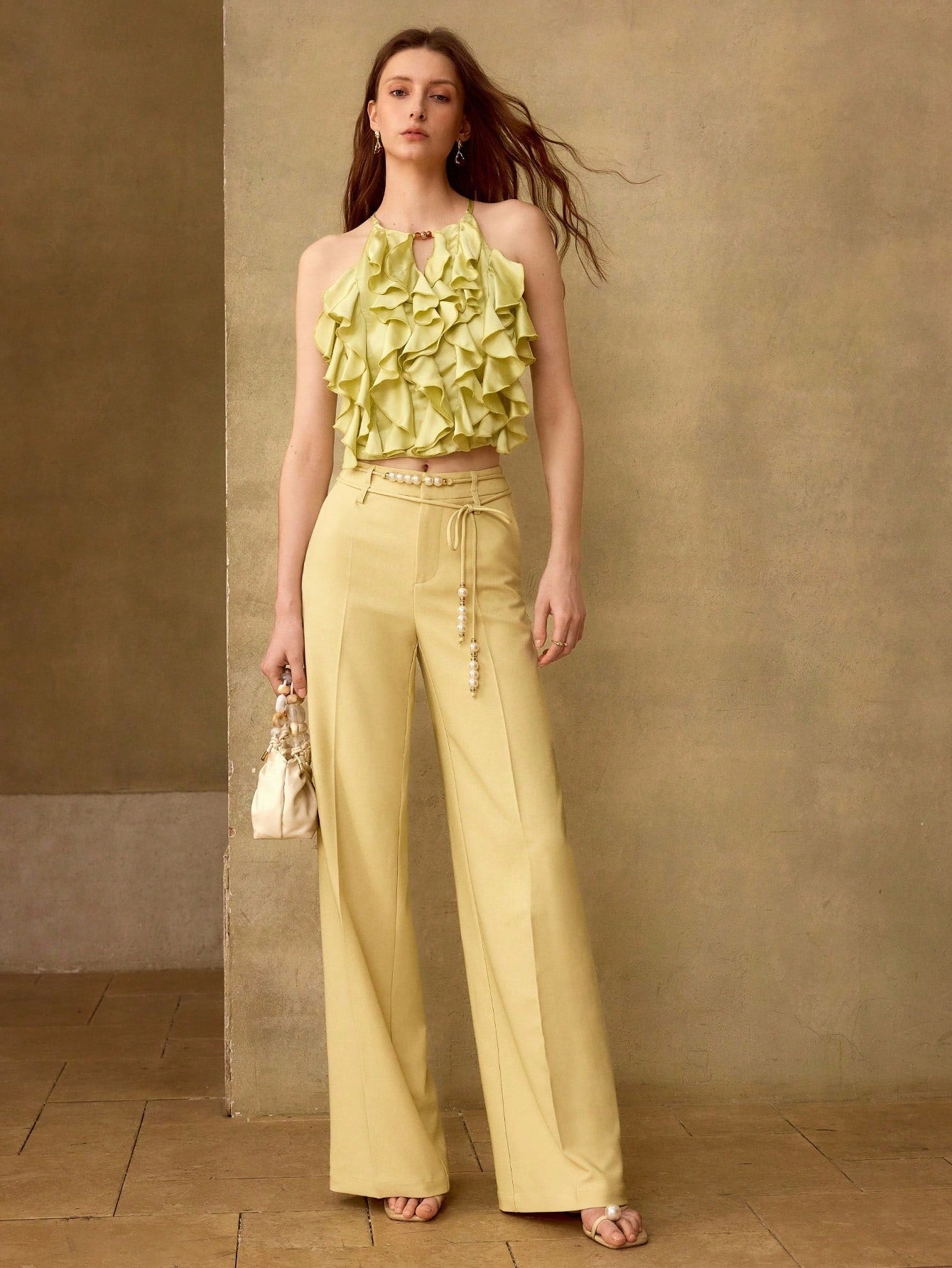 CM-TS792187 Women Elegant Seoul Style Multi-Layer Cold Shoulder Ruffle Halter Top - Green