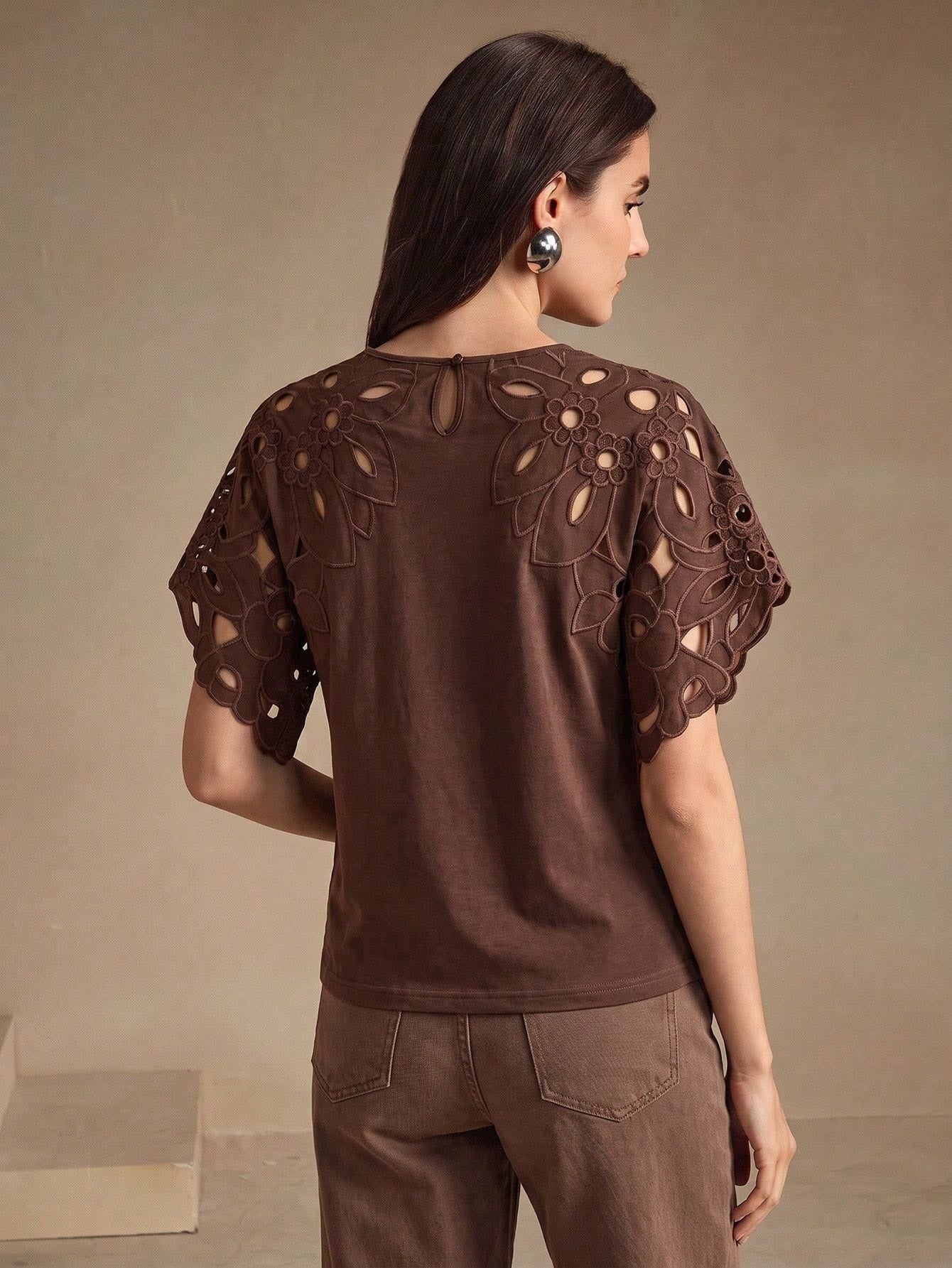 CM-TS611837 Women Casual Seoul Style Round Neck Batwing Sleeve Cut-Out T-Shirt - Brown