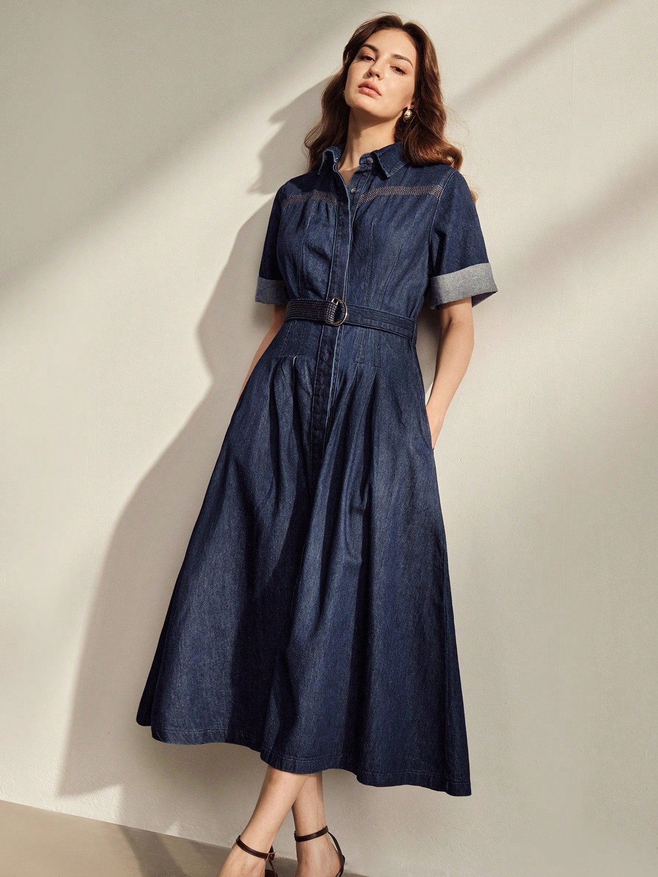 CM-DS464235 Women Elegant Seoul Style Collar Neckline Roll Up Sleeve High Waist Fitted Denim Dress - Blue