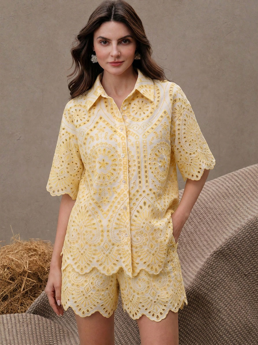 CM-SS778544 Women Trendy Bohemian Style Embroidered Hollow Out Short Sleeve Collared Shirt With Shorts - Set