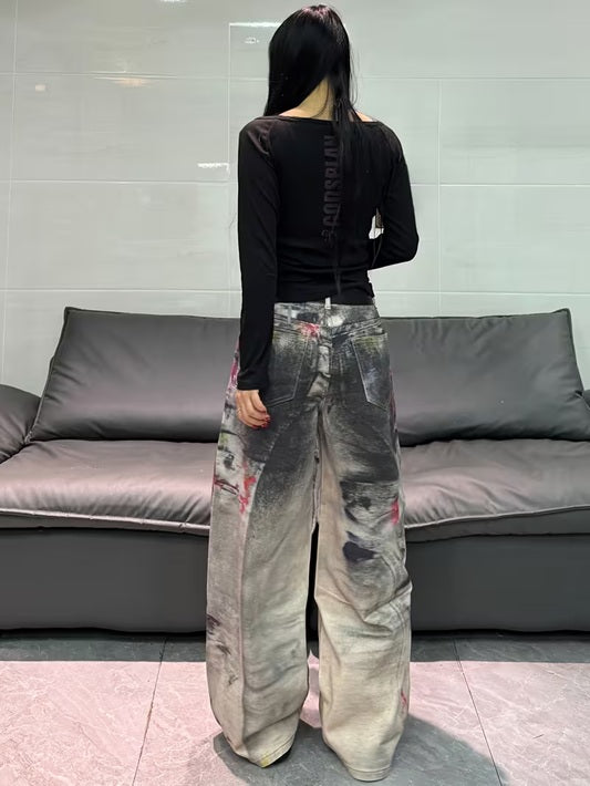 CM-BT477920 Women Casual Seoul Style Mid Waist 3D Printed Graffiti Loose-Fit Wide Leg Jeans