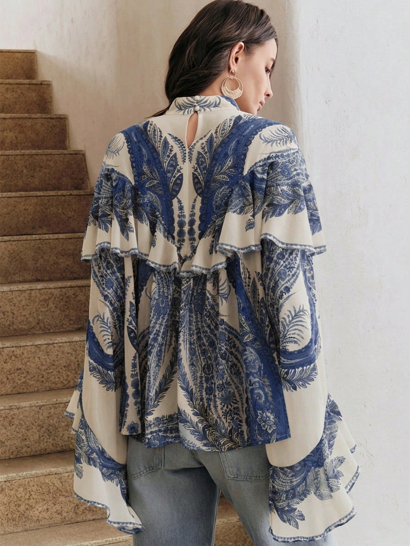 CM-TS393590 Women Trendy Bohemian Style Mock Necl Long Sleeve Plants Print Loose Blouse - Blue
