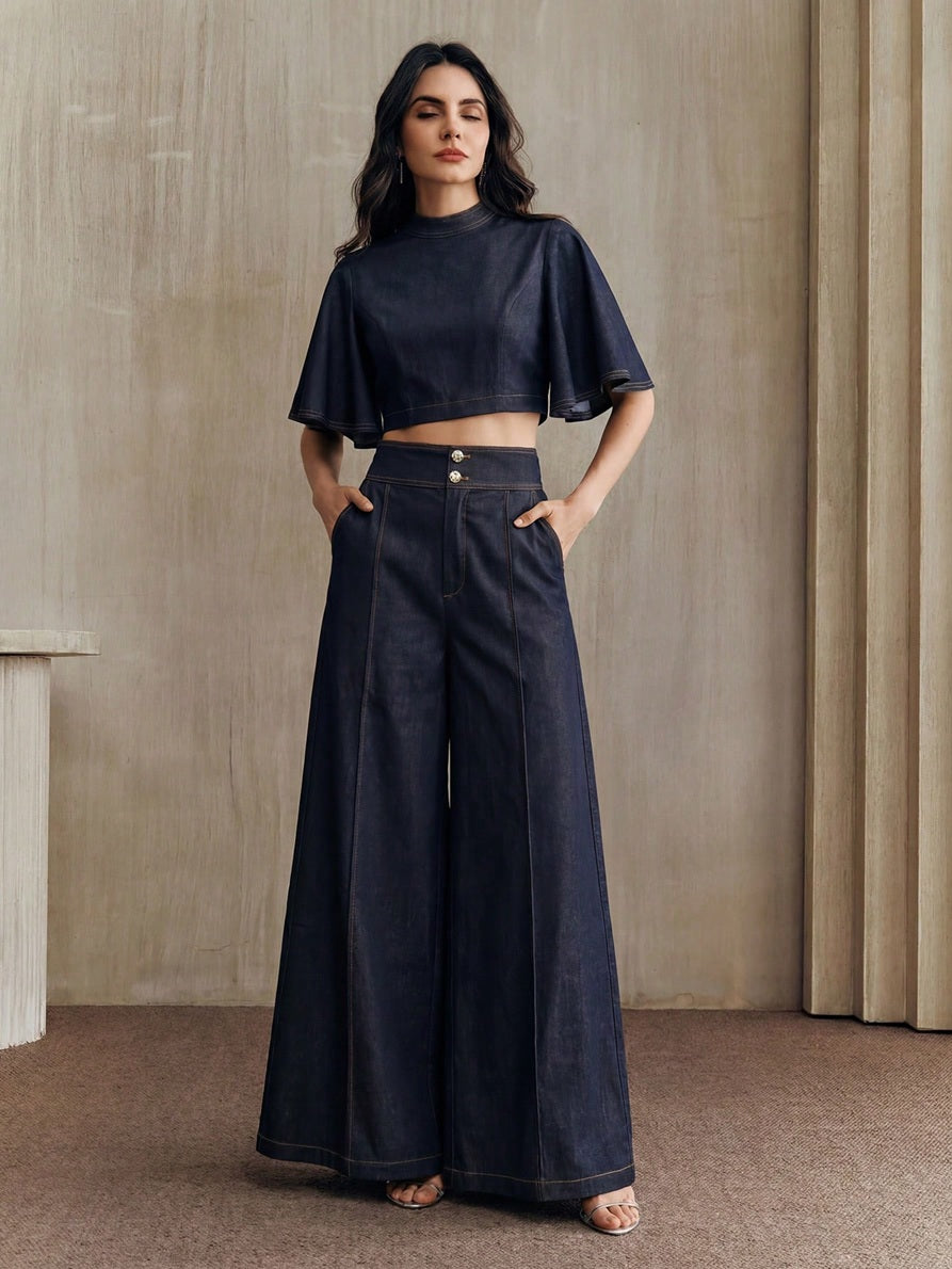 CM-SS444648 Women Elegant Seoul Style Short Sleeve Cape Colorblock Embroidered Top With High-Waist Wide-Leg Trousers - Set