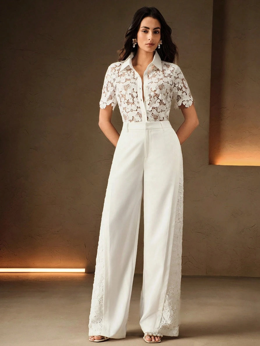 CM-TS613219 Women Elegant Seoul Style Sheer Embroidery Hollow Floral Polo Collar Open Front Blouse - White