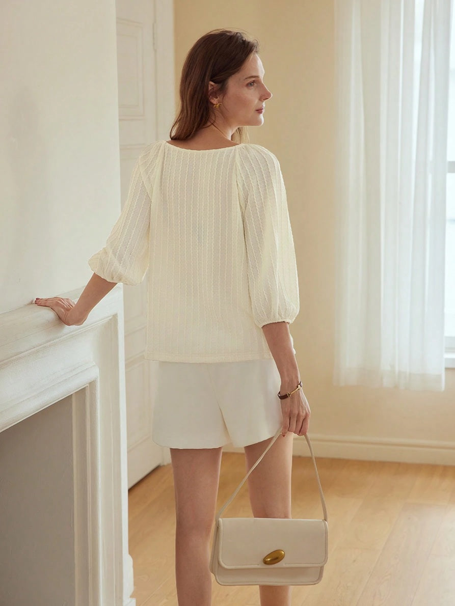 CM-TS406926 Women Casual Seoul Style Sweetheart Neckline Puff Sleeve Faux Pearl Button Top - Apricot