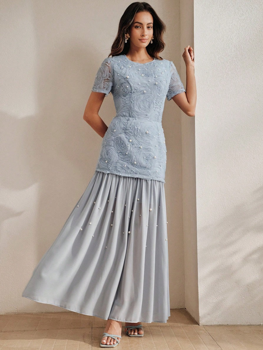 CM-SS102582 Women Elegant Seoul Style Round Neck Puff Sleeve 3D Rose Beaded Top With Mesh Patchwork Skirt - Set