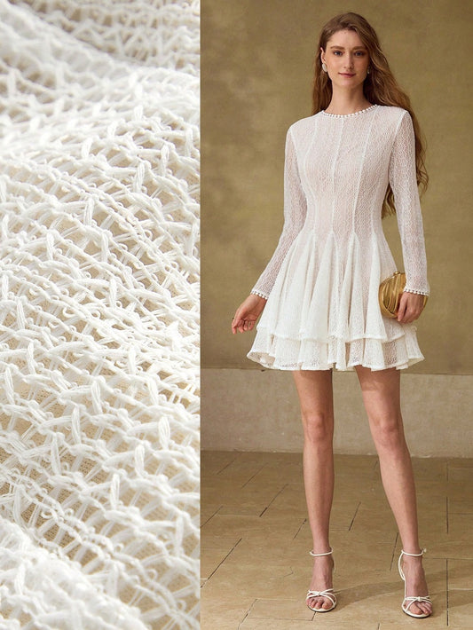 CM-DS782696 Women Elegant Seoul Style Round Neck Long Sleeve Lace Hollow Out See-Through Short Dress - White