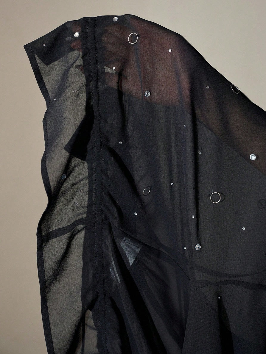 CM-TS731496 Women Elegant Seoul Style Front Tie Embellished Rhinestone Hand Sewn Metal Decor Ruffle Hem Sheer Blouse
