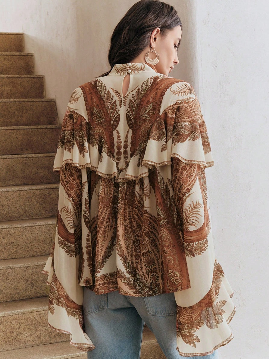 CM-TS528762 Women Trendy Bohemian Style Mock Necl Long Sleeve Plants Print Loose Blouse