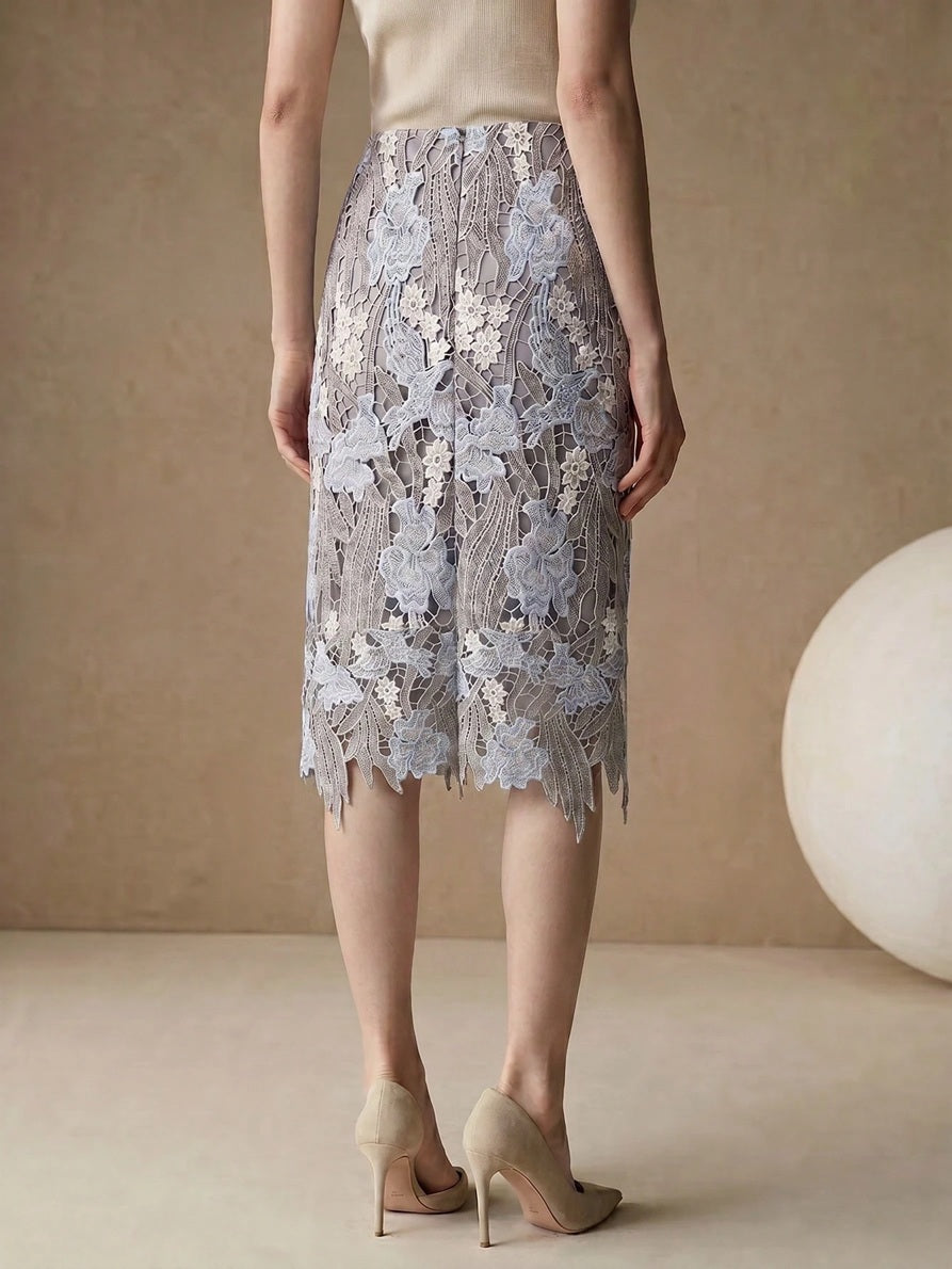 CM-BS919269 Women Elegant Seoul Style High Waist Lace Hollow Embroidery Asymmetrical Hem Skirt