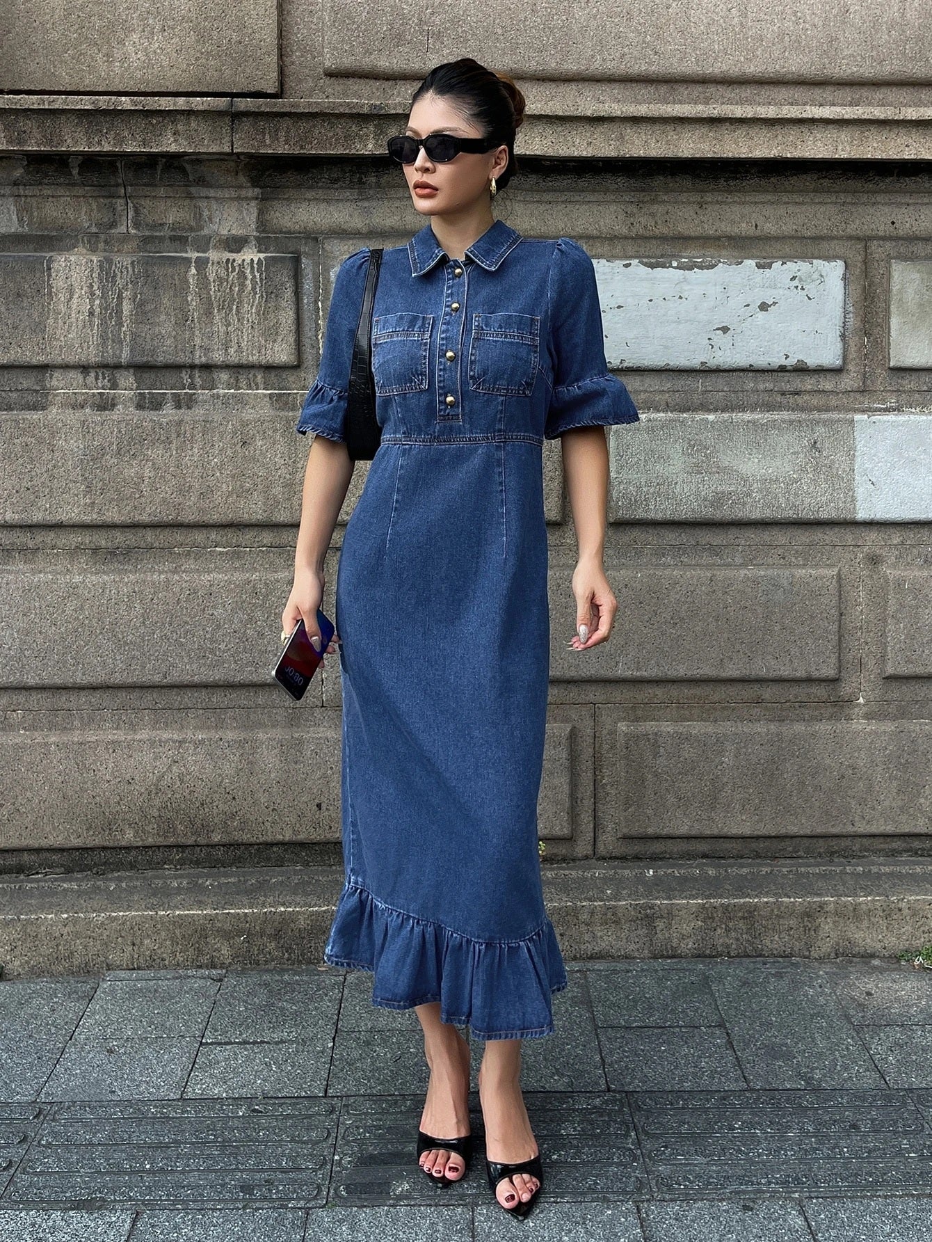 CM-DS370755 Women Casual Seoul Style Turn-Down Collar Cinched Waist Ruffle Hem Midi Dress - Blue