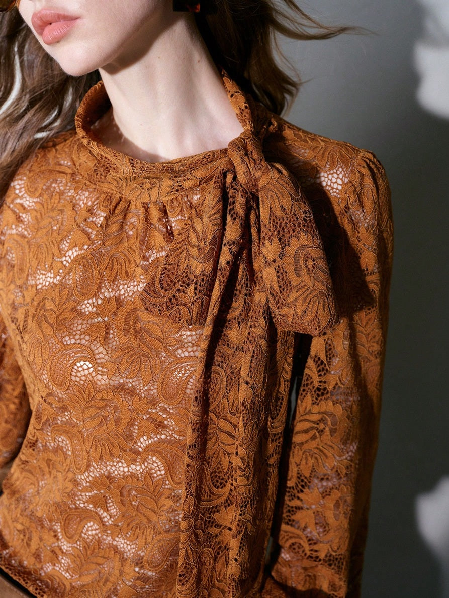 CM-TS022052 Women Elegant Seoul Style Lace Tie Neck Stand Collar Long Sleeve Blouse - Khaki