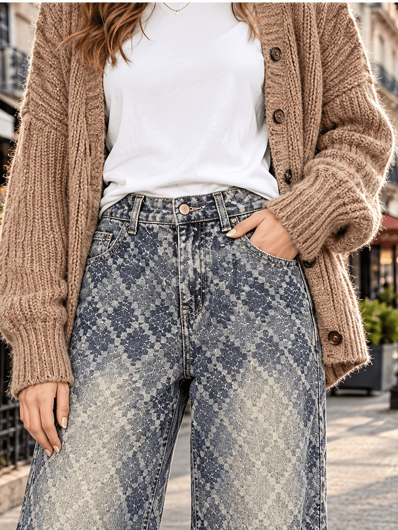 CM-BT560114 Women Casual Seoul Style Medium Wash High Waist Diamond Jacquard Floor Length Wide-Leg Jeans