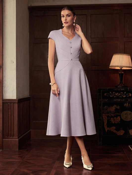 CM-DS479010 Women Elegant Seoul Style Cap Sleeve Cinched Waist Mid-Length Dress - Purple