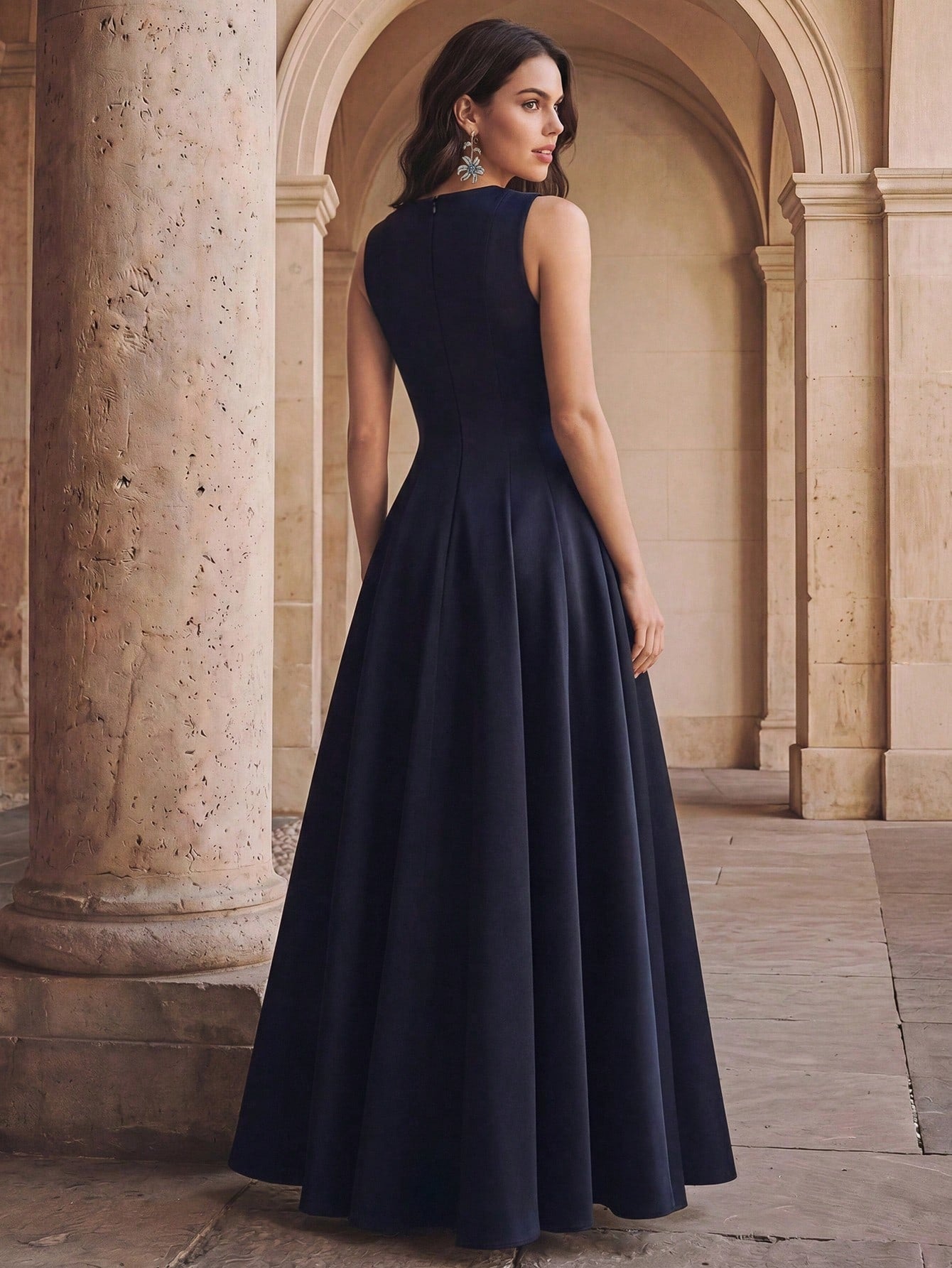 CM-DS069557 Women Elegant Seoul Style Round Neck Sleeveless Sequin Beaded A-Line Long Dress - Blue