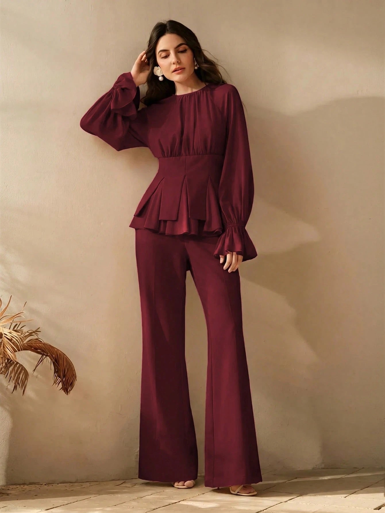 CM-SS795385 Women Elegant Seoul Style Round Neck Long Sleeve Chiffon Patchwork Blouse With Flared Leg Pants - Set